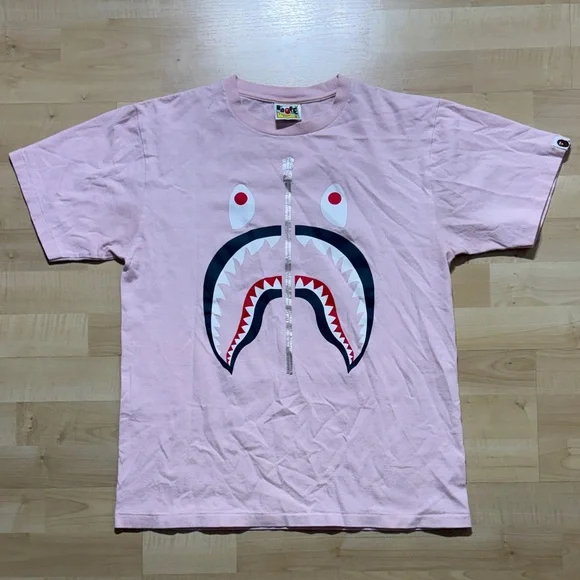 Bape Pink Shark Tee with Silver Zip and Red/Black Graphic - Picture 1 of 8